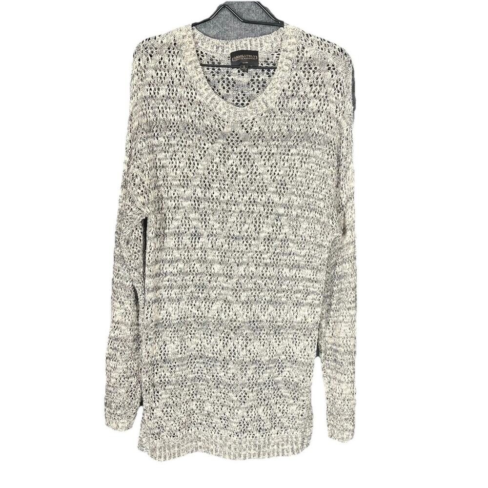 Tunic Sweater Womens Large open weave knit long line gray white cozy soft usa